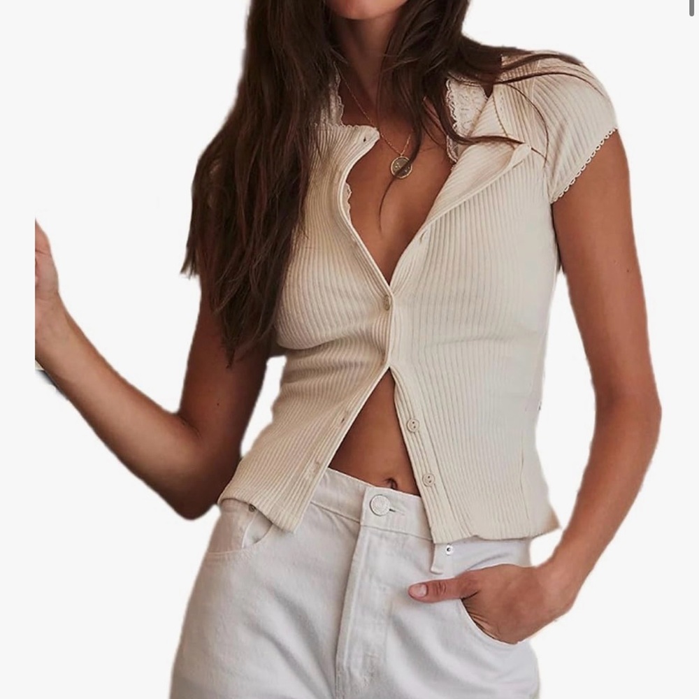 NWT Cream Womens Slim Fitted Shirts Short Sleeve Cardigan Button Down